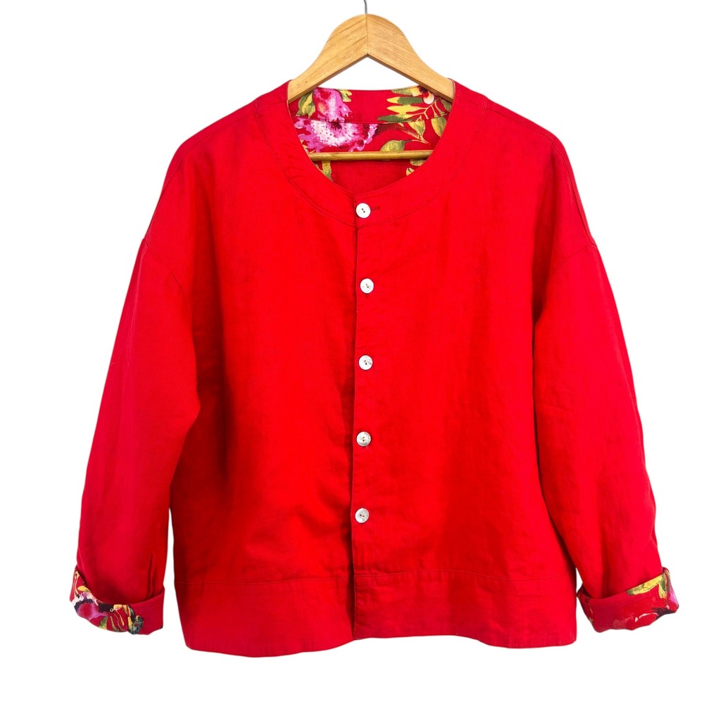 NWT Peck & Peck Reversible 100% Linen Jacket Red Floral Tropical Size L Boxy - Picture 2 of 11
